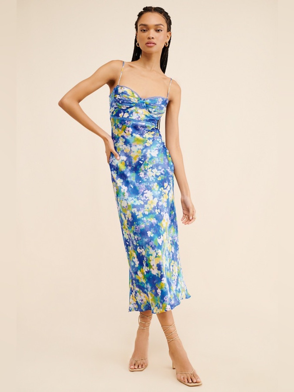 ASTR Florianne Slip Midi Dress - Blue Floral with Adjustable Spaghetti Straps